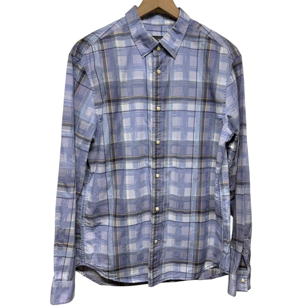 Armani Exchange Men Snap Button Up‎ Shirt M Blue Plaid Long Sleeve Collared